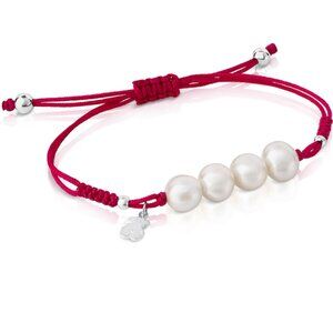 TOUS Bear Freshwater Cultured Pearl and Red Cord Bracelet